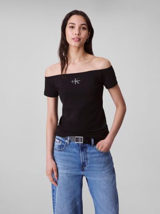 Calvin Klein Jeans Blusentop CALVIN KLEIN JEANS MNGRM OFF SHLDR STRT, Damen, Gr. XXL (46), schwarz, Web, Obermaterial: 95% Baumwolle, 5% Elasthan, unifarben, k&ouml;rpernah n