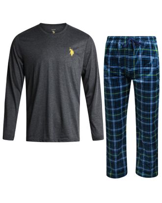 U.S.Polo Association Mens Pajama Set - 2 Piece Mens Long Sleeve Tee Shirts & Soft Fleece Pajama Pants for Men with Gift Box (S-XL), Charcoal Grey/Blue Plaid, L