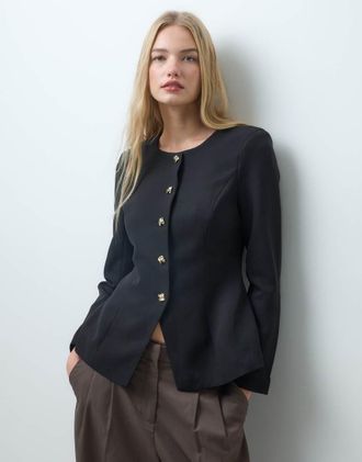 Vero Moda blazer aderente senza colletto con bottoni dorati nero