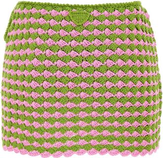 Prada Womens Two-Tone Crochet Mini Skirt Green Trochusniloticus Denim Shorts