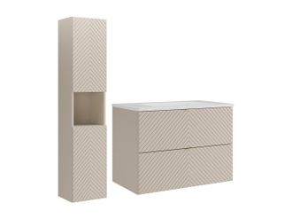 Vente-Unique Mueble de ba&ntilde;o suspendido en espiga con lavabo encastrado y columna - Beige - 80 cm - DORIONI