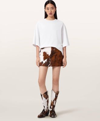 AllSaints Leather Dapple Cowhide Mini Skirt, Size: UK 14/US 10