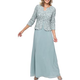 Alex Evenings Sequin Soutache Lace Empire Waist Chiffon Gown with Jacket in Ice Sage at Nordstrom, Size 12