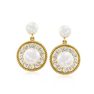 Ross-Simons 5.5-8.5mm Cultured Pearl Circle Drop Earrings With White Topaz in 18kt Gold Over Sterling