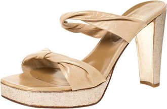 Stuart Weitzman Beige Twist Leather And Silver Glitter Platform Slide Sandals