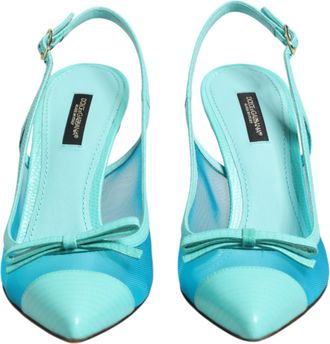Dolce & Gabbana Blue Leather Mesh Heels Slingback Womens Shoes