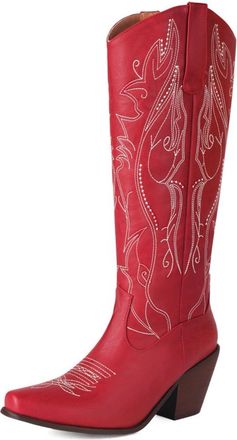 Generic Womens Western Knee-High Boots Pointed Toe Faux Leather Rhinestone Embroidery Wedge Heels Soft Lining Durable Non-Slip Stylish Elegant Design,Red,5.5 