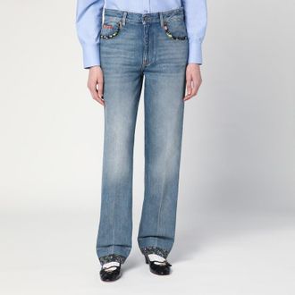 Valentino Washed blue jeans with floral fabric trims