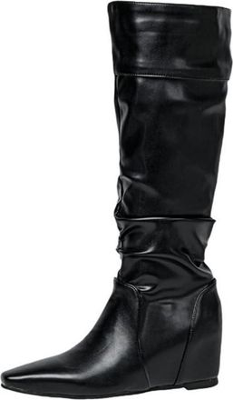 Generic Womens Fashion Slouch Knee High Boots Square Toe Hidden Wedge Heel Dressy Winter Versatile Shoes (Black,7.5)