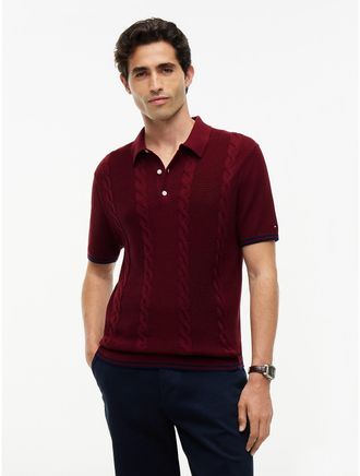 Tommy Hilfiger Mens Short-Sleeve Cable Knit Sweater Polo - Burgundy - XXL