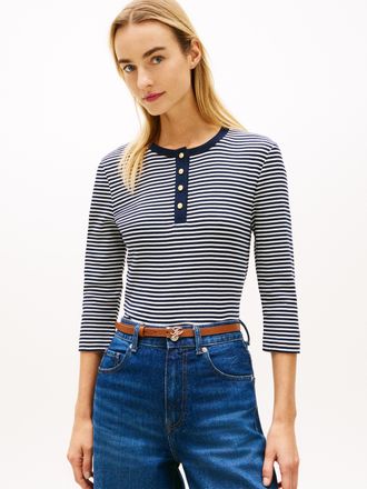 Tommy Hilfiger Langarmshirt TOMMY HILFIGER GOLD BUTTON SLIM HENLEY 3/4, Damen, Gr. L (42/44), small brt stp schwarz night, ecru, Single Jersey, Obermaterial: 100% Ba