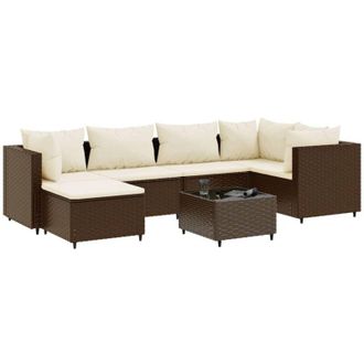 vidaXL Set Muebles De Jard&iacute;n 7 Piezas Y Cojines Rat&aacute;n Sint&eacute;tico Marr&oacute;n Vidaxl