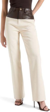 Mani&egrave;re De Voir Renee Leather & Denim Straight Leg Jeans in Cream/brown at Nordstrom, Size 10