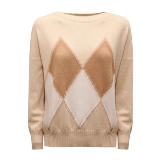 D.exterior 59033 Cashmere Rombi Lurex Trui - Dames - Ronde hals truien - Beige - XS - Wol - Truien & Vesten
