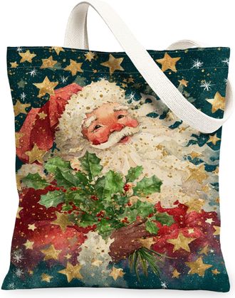 Generic Vintage Holiday Canvas Tote Bags, Merry Santa Claus Design Reusable Grocery Bags, Lightweight Washable Shoulder Strap Canvas for Gifts Shopping 13x15 
