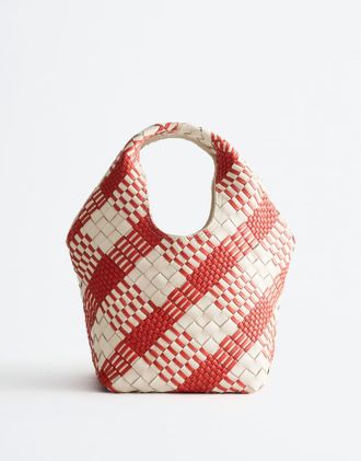 & Other Stories Borsa shopper premium piccola in pelle intrecciata rossa e bianca a quadri-Bianco