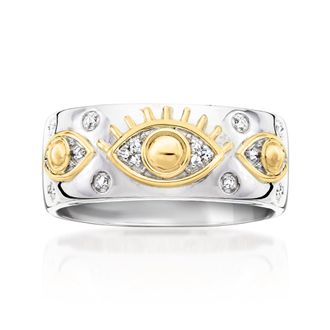 Ross-Simons Sterling Silver and 18kt Gold Over Sterling Evil Eye Ring With Diamonds