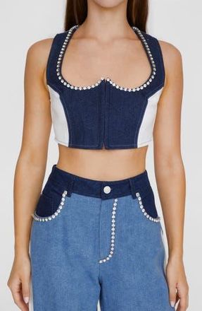 NASTY GAL Embellished Trim Colorblock Denim Crop Top in Blue Multi at Nordstrom Rack, Size 10