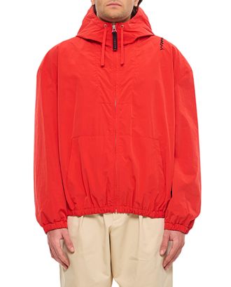 Marni Hooded Red Crinkled Nylon Jacket With Handcrafted Embroidery