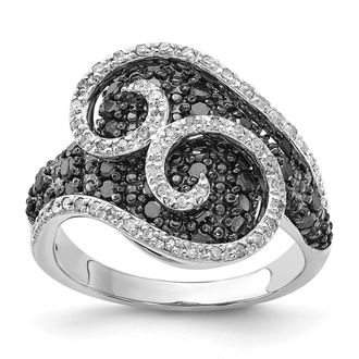 Diamond2Deal Sterling Silver Polished Black & White Diamond Swirl Engagement Ring