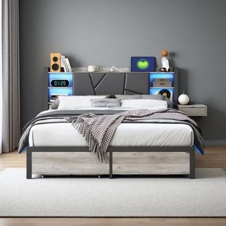 OEM Cama Doble 140x200 - Compacta Con Cajones - Iluminaci&oacute;n Led Rgb - Estructura De Metal/madera Negra - Almacenamiento Optimizado