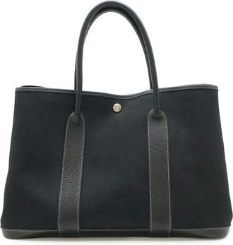 Herm&egrave;s Garden Black Toile Officier Leather Handbag Tote Bag (Pre-Owned)