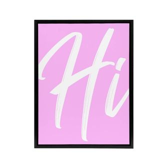 Artery8 Large Hi Word Pink White Brush Stroke Design Framed Canvas Wall Art | Size: W24 x H32
