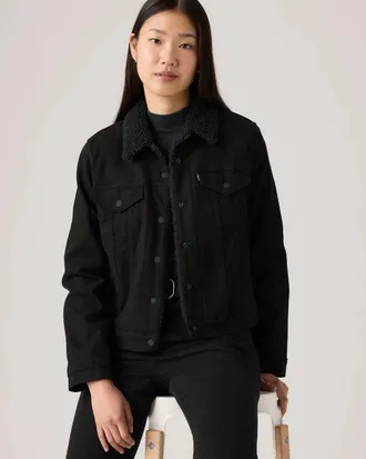 Levi's Levi&acirc;EURs Trucker Jacket Women Black Sherpa Cotton Snap Front Long Sleeve KFC933