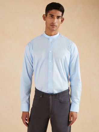 Oliver Brown Grandad Collar Shirt Poplin - Blue
