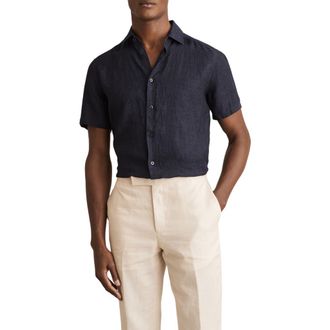Reiss Holiday Short Sleeve Linen Button-Up Shirt in Navy at Nordstrom, Size Xx-Large