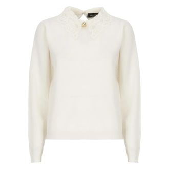 Fabiana Filippi Round-neck Knitwear, female, White, Size: L Lace Neck Sweater