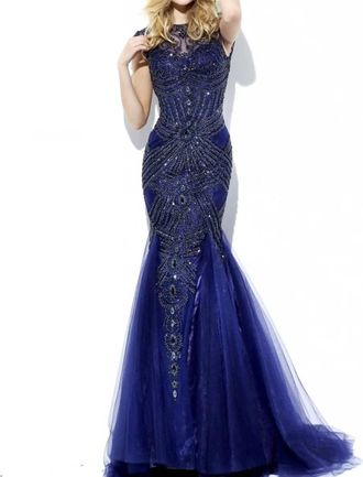 Sherri Hill Beaded Mermaid Gown In Navy