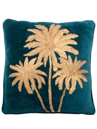 Les-Ottomans x Browns fluwelen kussen met geborduurde palmen (50cm x 50cm) - Blauw