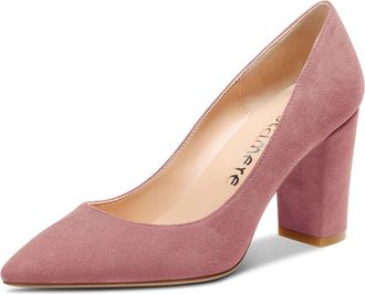 Castamere Womens Mid Chunky Block Heel Pointed Toe Slip-on Office Pumps Court Shoe Wedding Dress Cute Classic Shoes 8CM Heels Pink Suede 9.5 UK