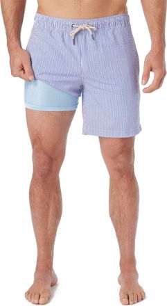 Fair Harbor The Bayberry Trunk -- Mens Swim Suits with Liner, 7-inch Inseam -- Anti-Chafe Classic fit Swim Trunks, Light Blue Seersucker, X-Large