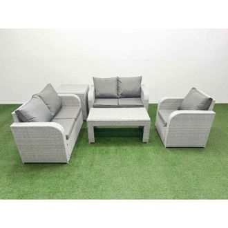 Fimous High Back Poly Rattan Garden Furniture Set with Reclining Chair Loveseat Sofa Oblong Coffee Table Indoor Outdoor Patio Set 2 Stool Light Grey - Fimous