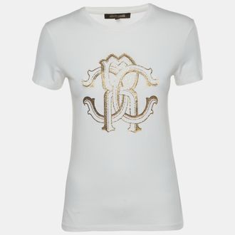 Roberto Cavalli White Logo Graphic Jersey Knit T-Shirt