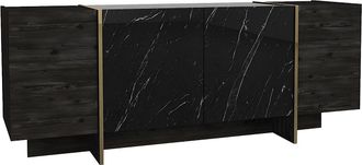 Vente-Unique Aparador con 4 puertas - Efecto mármol negro, natural oscuro y dorado - CADEBA II
