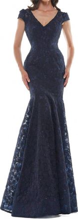 Colors Dress Metallic Mermaid Gown In Navy
