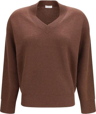 Brunello Cucinelli Brown Knitted V Neck Sweater