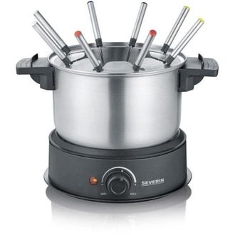 Severin FO2473 Fondue elettrica per 8 persone con pentola in acciaio inox rimovibile, Inclusi: protezione anti-spruzzi e 8 forchette - Severin