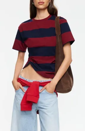Lioness In Transit Stripe Ruched Cotton Crop T-Shirt in Burgundy Stripe at Nordstrom, Size X-Large