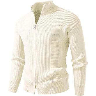 Generic Mens Stand Collar Cardigan Sweater Knit Sweaters Full Zip Jacket Long Sleeve Knitted Ribbed Sweatshirt, Beige, XL