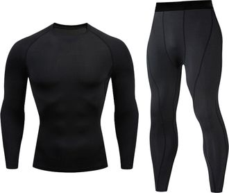 Generic Mens Compression Base Layer Skin Fit Long Sleeve + Compression Leggings Set Muscle Support Running Wicking Quick Dry Sportswear Sets for Men Athletics