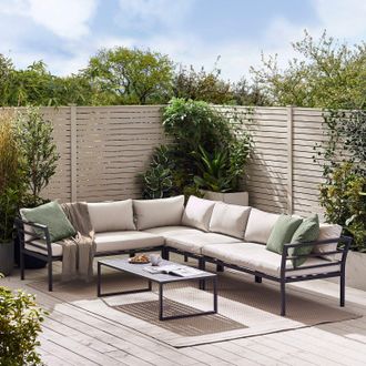 Furniturebox Montenegro White Metal 6 Seat Outdoor Garden Sofa Set, Taupe Cushions, 6 seat corner sofa + metal coffee table in Grey