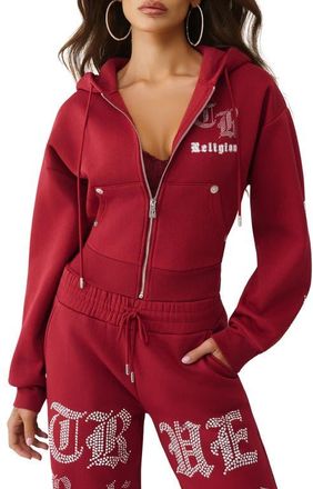True Religion Crystal Crop Zip Hoodie in Rhubarb Red at Nordstrom, Size Xx-Large