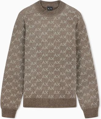A|X Armani Exchange Pullover Girocollo con Logo All Over e Bordi a Costine - - Knitwear - Uomo - Marrone - XL