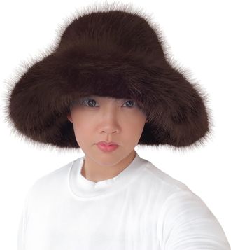 Lina & Lily Oversized Winter Faux Fur Bucket Hat for Women - Long Pile Fur Wide Moldable Brim (Dark Brown)