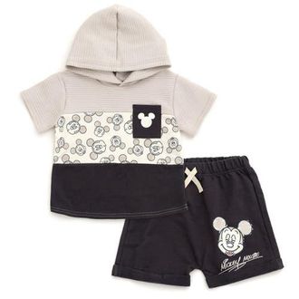 Disney Mickey Mouse 2-Piece Hooded Tee and Shorts Set in Dark Grey Mickey at Nordstrom, Size 6-9M