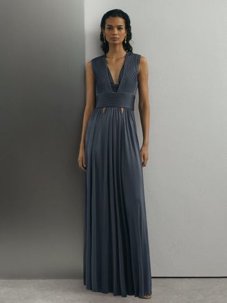 Ismad London Pleated Plunge-neck Maxi Dress, Teal, 10